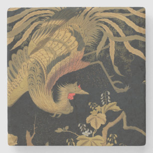 Golden Rooster Bird Japanisch Klassische Antike Steinuntersetzer
