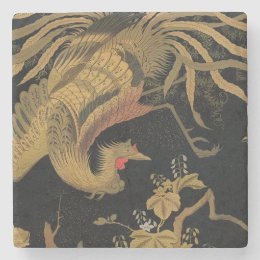 Golden Rooster Bird Japanisch Klassische Antike Steinuntersetzer (Vorderseite)