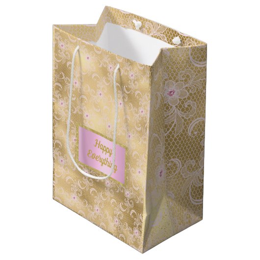 Golden rosa Spitzen elegante Geschenktasche Gefall Mittlere Geschenktüte (Vorderseite Schrägansicht)