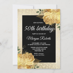 Golden Rose Glitzer Floral 50. Geburtstag Einladun Einladung