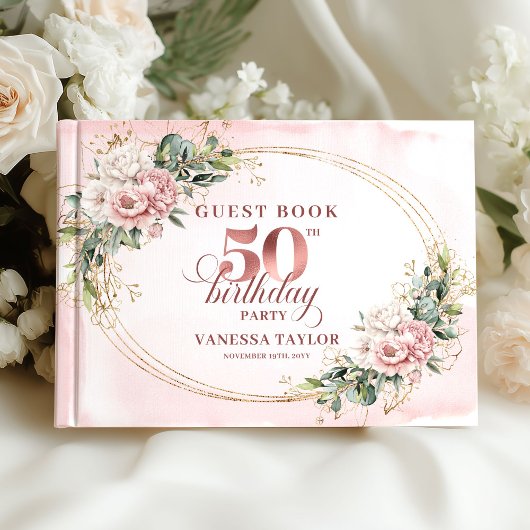 Golden Rose Gold Blush Greenery 50th Birthday Gästebuch