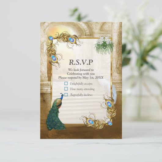 Golden Royal Peacock Tempel RSVP Karte (Stehend Vorderseite)