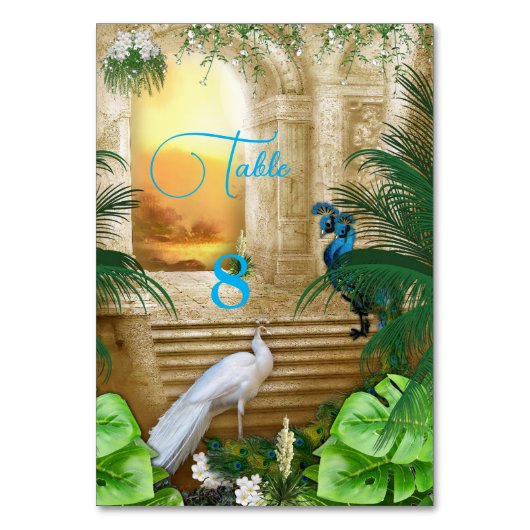 Golden Royal Peacock Tempel Wedding Dreams Tischnummer (Vorderseite)