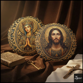 Golden Sacred Icon - Jesus Rundes Kissen