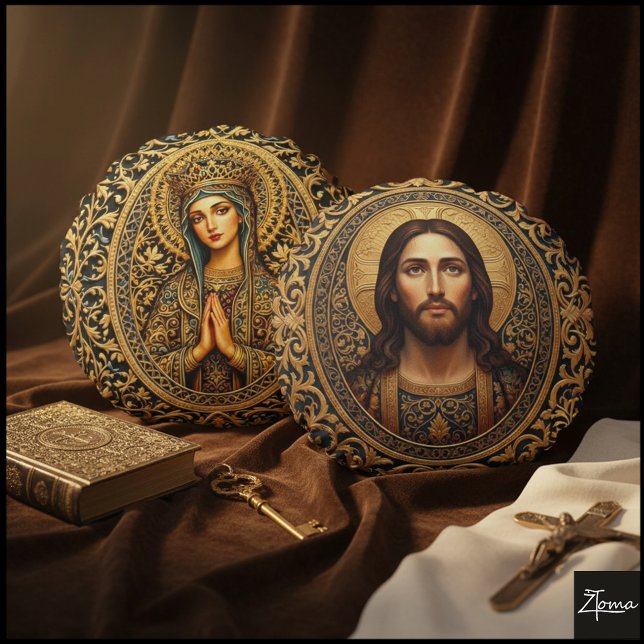 Golden Sacred Icon - Jesus Rundes Kissen (Von Creator hochgeladen)