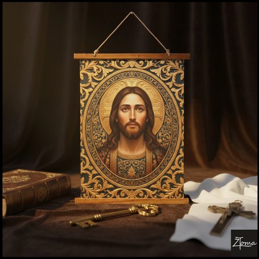 Golden Sacred Icon - Jesus Wandteppich Mit Holzrahmen