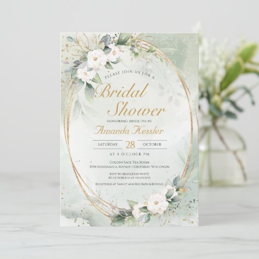 Golden Sage Weißer Blumenstrauß Elegantes Brautpar Einladung (Stehend Vorderseite)