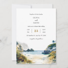 Golden Sand Tropical Palms Beach Cove Art Wedding Einladung
