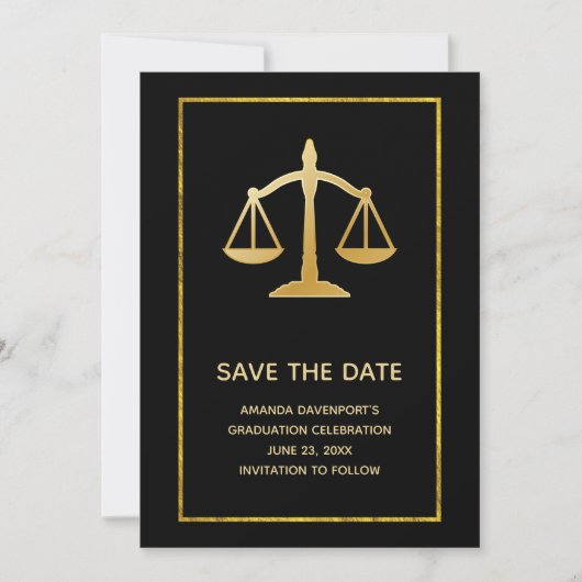 Golden Scales of Justice Theme Abschluss Save The Date (Vorderseite)