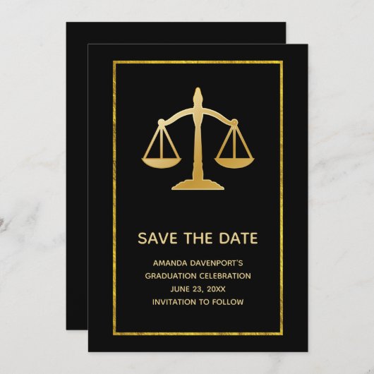 Golden Scales of Justice Theme Abschluss Save The Date (Vorne/Hinten)