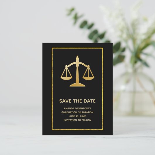 Golden Scales of Justice Theme Save the Date Einladungspostkarte (Stehend Vorderseite)