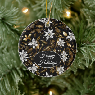 Golden, Schwarz und Weiß Poinsettia Happy Holidays Keramik Ornament