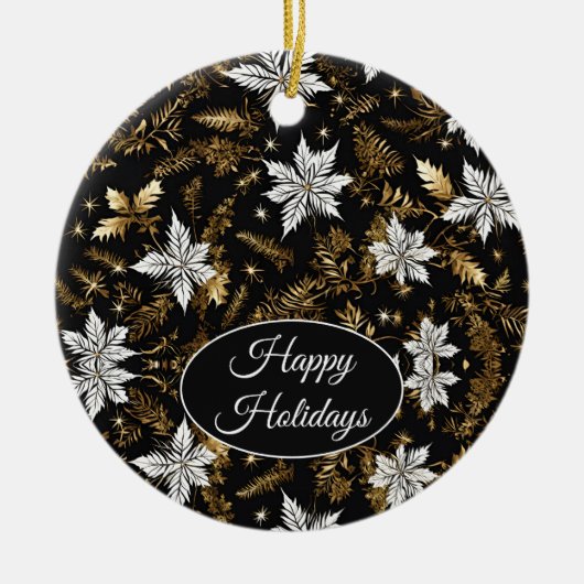 Golden, Schwarz und Weiß Poinsettia Happy Holidays Keramik Ornament (Vorne)