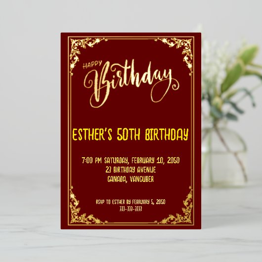 Golden Script Birthday Party Einladung (Stehend vorne)