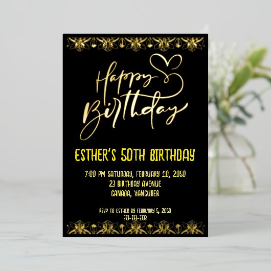 Golden Script Birthday Party Einladung (Stehend vorne)