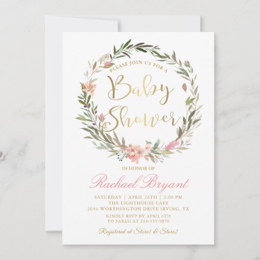 Golden Script Greenery Bloral Wreath Baby Shower Einladung (Vorderseite)