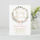 Golden Script Greenery Bloral Wreath Baby Shower Einladung (Stehend Vorderseite)