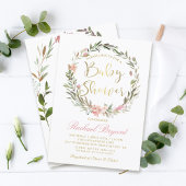 Golden Script Greenery Bloral Wreath Baby Shower Einladung