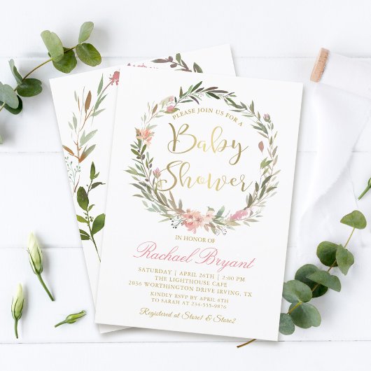 Golden Script Greenery Bloral Wreath Baby Shower Einladung