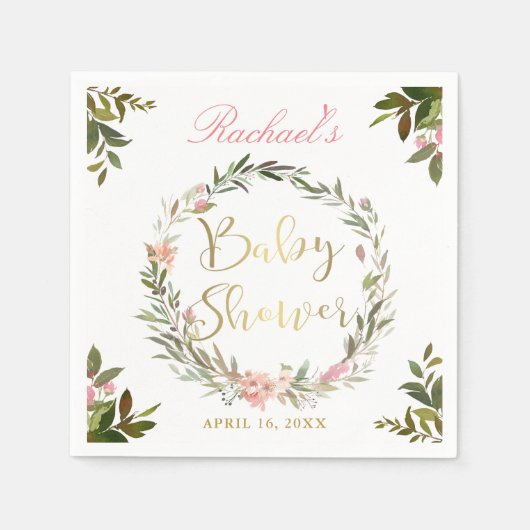 Golden Script Greenery Bloral Wreath Baby Shower Serviette (Vorderseite)