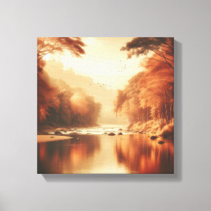 Golden Serenity Fluss Szene – Vintage Leinwand Kun