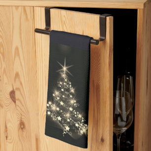 Golden Shine of Stars on Christmas Tree Dark Geschirrtuch