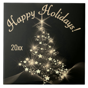 Golden Shine of Stars on Christmas Tree Dark Year Fliese