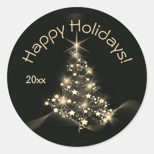 Golden Shine of Stars on Christmas Tree Dark Year Runder Aufkleber