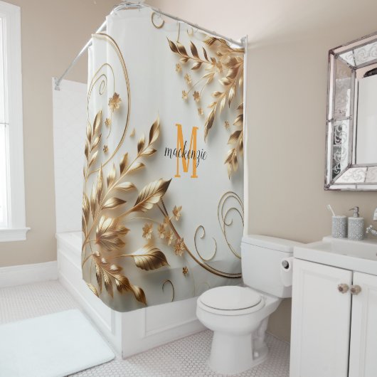 Golden Shiny Orange Monogram Modern Script Wedding Duschvorhang (Beispiel)