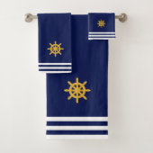 Golden Ship Wheel & Stripes auf Navy Blue Badhandtuch Set (Insitu)