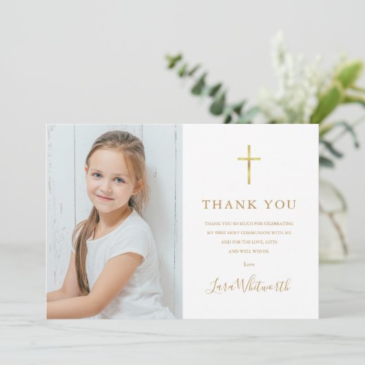 Golden Signature Foto Erste Heilige Kommune Dankeskarte (Stehend Vorderseite)