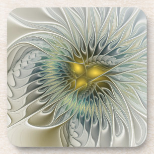 Golden Silver Blume Fantasy Abstraktes Fraktal Kun Getränkeuntersetzer