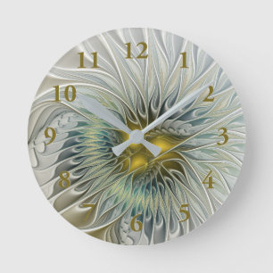 Golden Silver Blume Fantasy abstraktes Fraktal Kun Runde Wanduhr