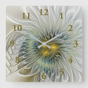 Golden Silver Flower Fantasy abstract Fractal Art Quadratische Wanduhr