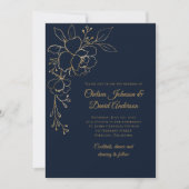 Golden Sketched Rose auf Dark Blue Wedding Einladung (Vorderseite)