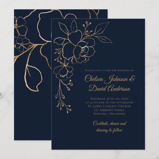 Golden Sketched Rose auf Dark Blue Wedding Einladung (Vorne/Hinten)
