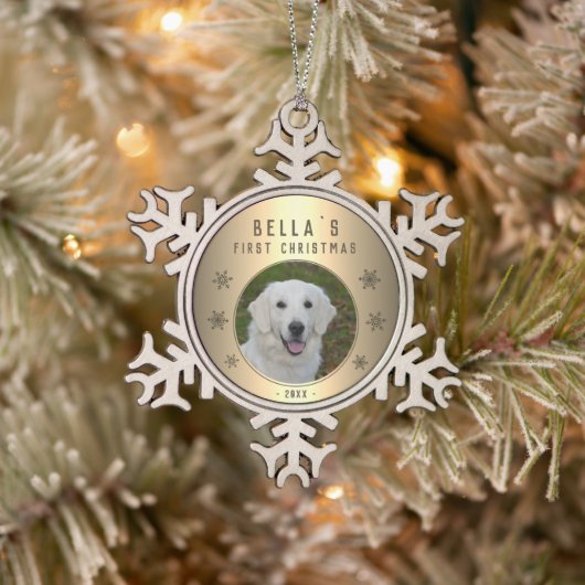 Golden Snowflake Puppy Foto Schneeflocken Zinn-Ornament (Baum)