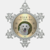 Golden Snowflake Puppy Foto Schneeflocken Zinn-Ornament (Vorderseite)