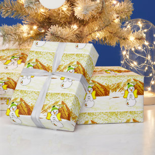 Golden Snowman Angel Wrapping Paper Geschenkpapier