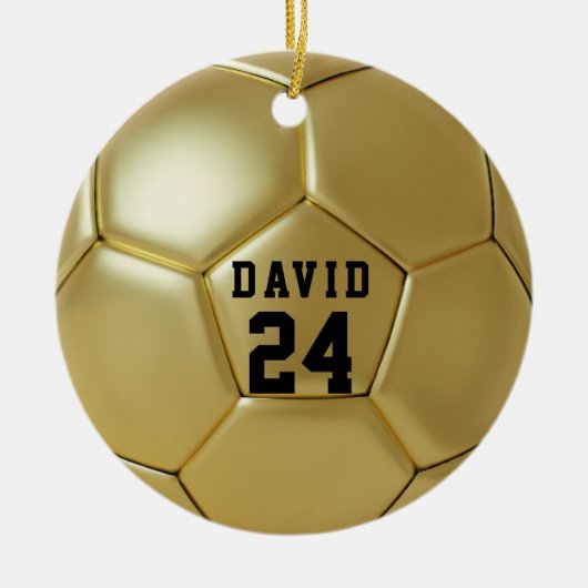 Golden Soccer Ball Personalisiert Name Team Nummer Keramik Ornament (Vorne)