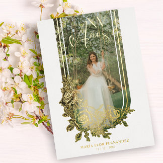 Golden Spanish Luxury Trendy Floral Mis XV Photo Folieneinladung