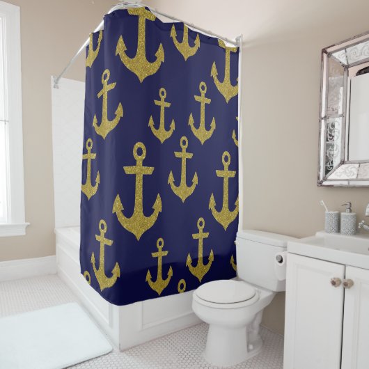 Golden Sparkle Anchor Navy Blue Sailing Glitzer Duschvorhang (Beispiel)