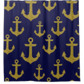 Golden Sparkle Anchor Navy Blue Sailing Glitzer Duschvorhang (Vorderseite)