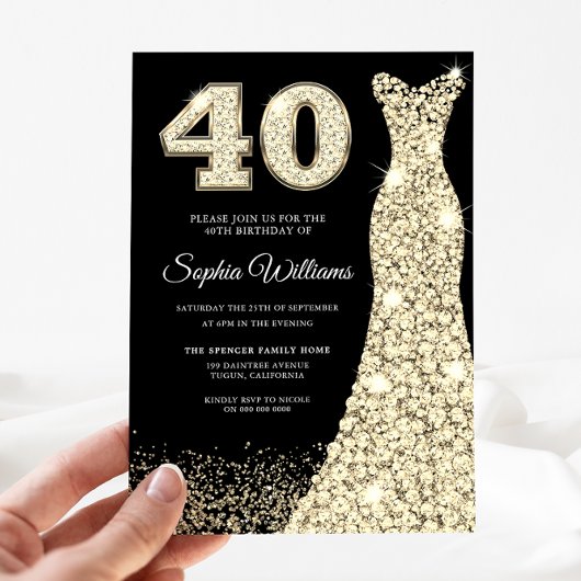 Golden Sparkle Dress 40. Geburtstag Party Schwarz Einladung