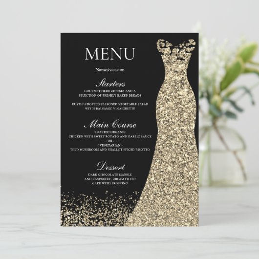 Golden Sparkle Dress Black Birthday Party Bridal Menükarte (Stehend Vorderseite)