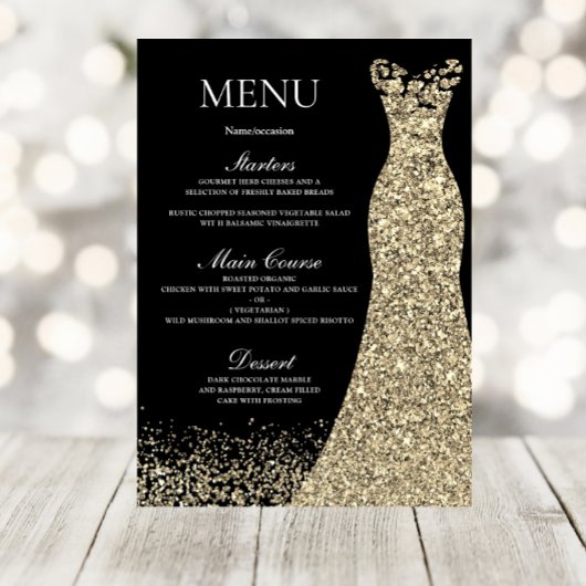 Golden Sparkle Dress Black Birthday Party Bridal Menükarte