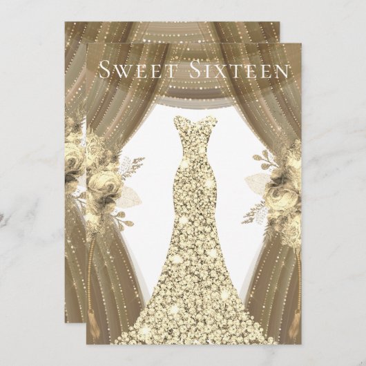 Golden Sparkle Dress & Blume Sweet 16 Party Einladung (Vorne/Hinten)