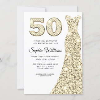 Golden Sparkle Dress Womans 50. Geburtstagsparty Einladung