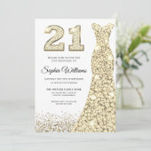 Golden Sparkle Glitzer Dress 21. Geburtstag Party Einladung (Stehend Vorderseite)