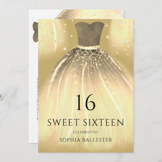 Golden Sparkle Mermaid Dress Sweet 16 Party Einladung (Vorne/Hinten)